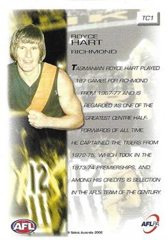 2002 Select AFL Exclusive - Tribute #TC1 Royce Hart Back